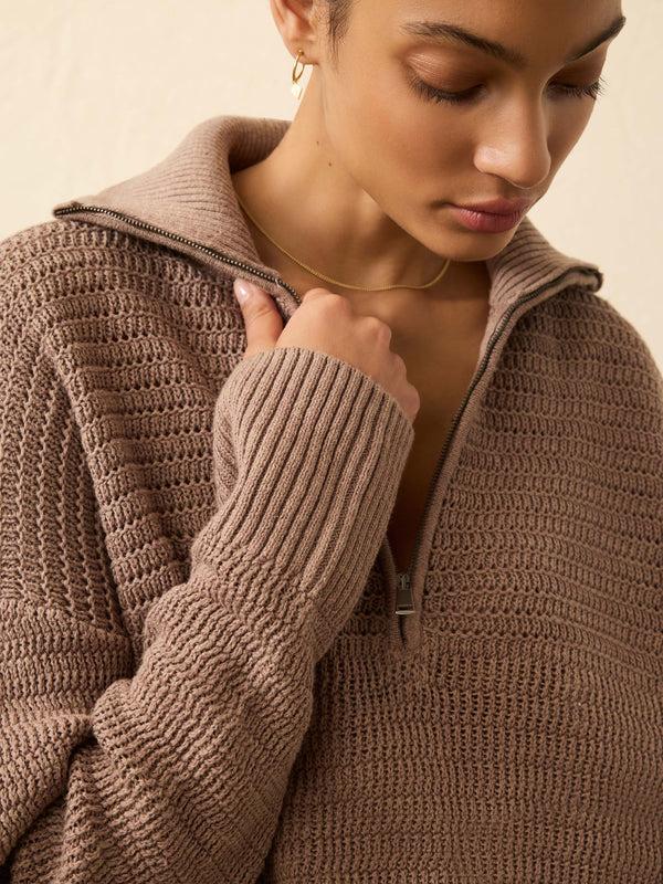 faherty Miramar Linen Quarter Zip - Wood Smoke Women's Sweaters
