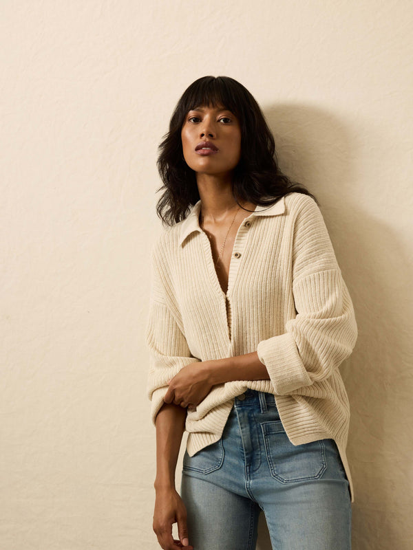 Faherty Miramar Linen Relaxed Polo Sweater - Summer Sand Women's Sweaters