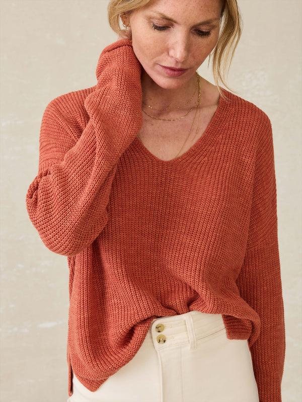 Faherty Miramar Linen V-Neck Sweater - Red Rock Women's Sweaters