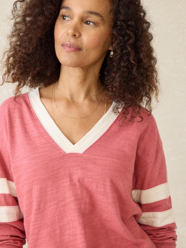 Faherty Organic Cotton Sunwashed Slub Varsity V-Neck - Baroque Rose Women's Knits
