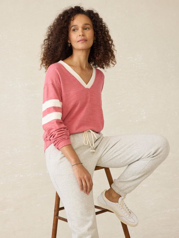 faherty Organic Cotton Sunwashed Slub Varsity V-Neck - Baroque Rose Women's Knits