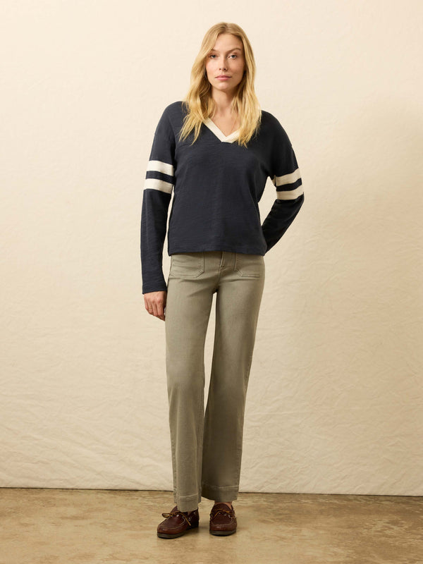 Faherty Organic Cotton Sunwashed Slub Varsity V-Neck - Blue Nights Women's Knits