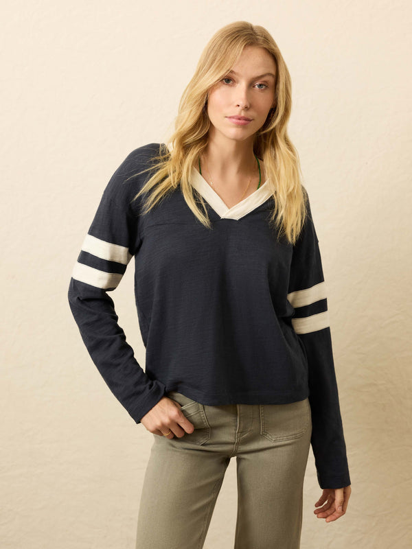 faherty Organic Cotton Sunwashed Slub Varsity V-Neck - Blue Nights Women's Knits