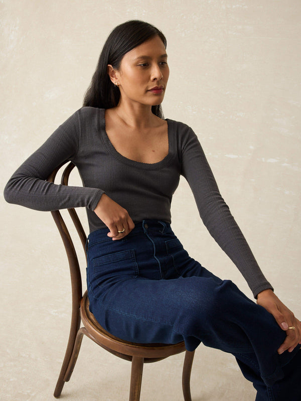 Faherty Pacific Pointelle Scoop Neck - Washed Black Women's Knits