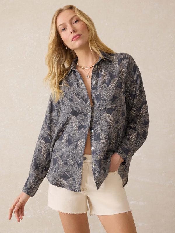 faherty Palma Linen Relaxed Shirt - Charcoal Banana Leaf Women's Button Ups