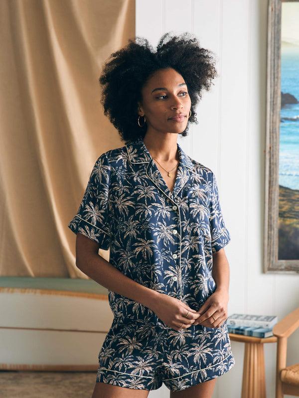Faherty Sandwashed Silk Short Sleeve Pajama Set - Navy Tropic Trees Women's Underwear U0026 Sleep