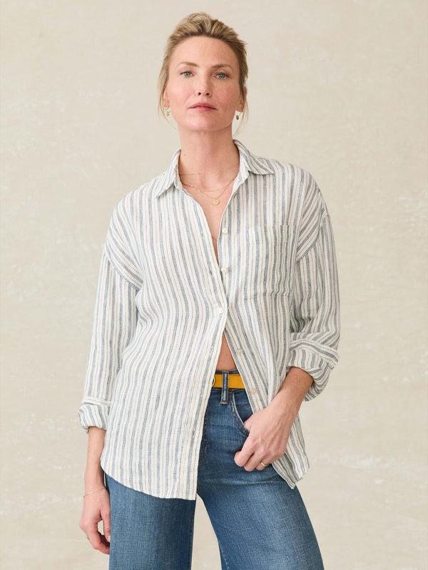 faherty Santa Cruz Linen Relaxed Shirt - Oceanside Stripe Women's Button Ups