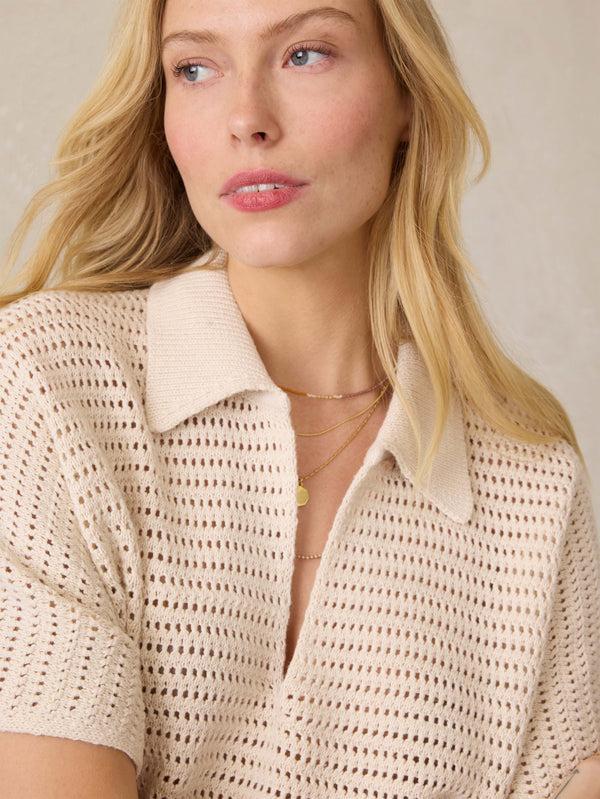 Faherty Seacoast Crochet Polo - Cream Women's Sweaters