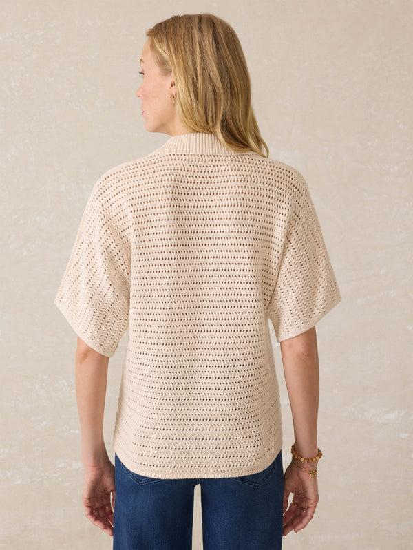 Faherty Seacoast Crochet Polo - Cream Women's Sweaters