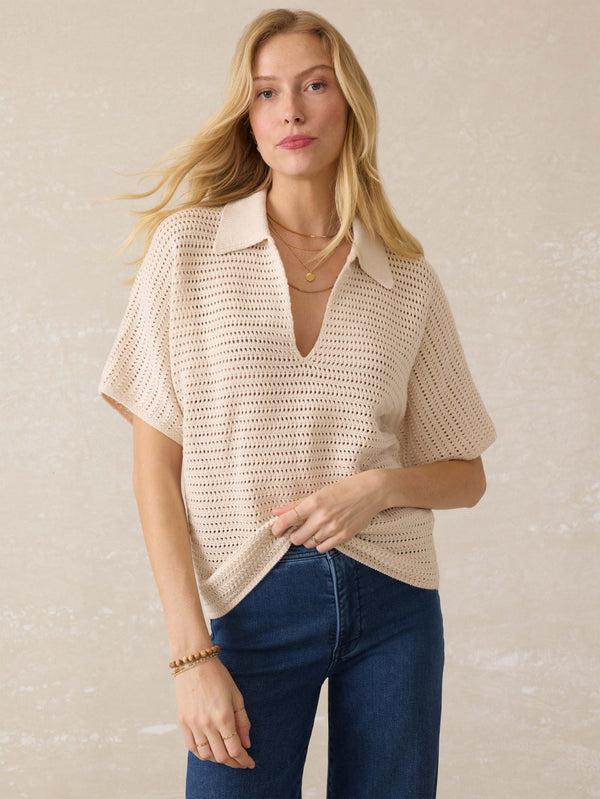faherty Seacoast Crochet Polo - Cream Women's Sweaters