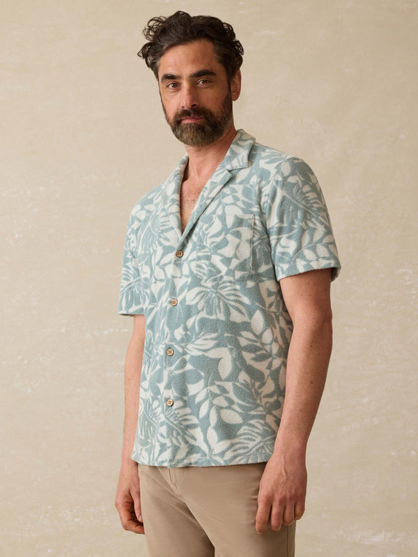 faherty Short-Sleeve Cabana Towel Terry Shirt - Poolside Foliage Teal Men's Button Ups