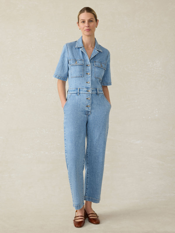 Faherty Short-Sleeve Denim Michelle Jumpsuit - Cloudlight Wash Women's Dresses