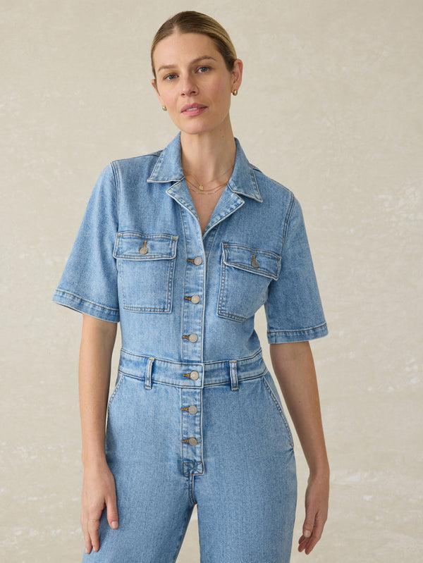 Faherty Short-Sleeve Denim Michelle Jumpsuit - Cloudlight Wash Women's Dresses