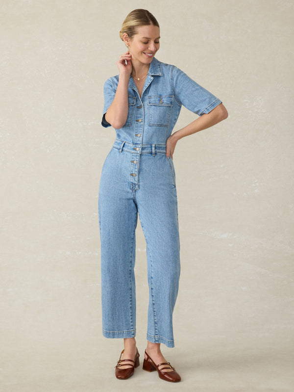 faherty Short-Sleeve Denim Michelle Jumpsuit - Cloudlight Wash Women's Dresses