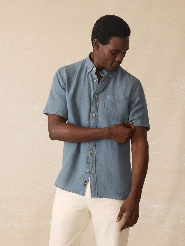 Faherty Short Sleeve Laguna Linen Shirt - Deep Marine Men's Button Ups