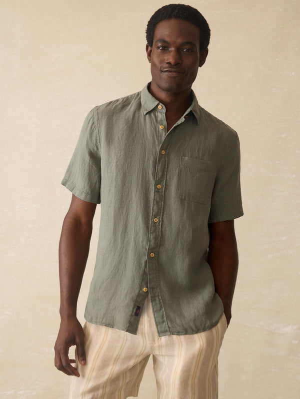 Faherty Short Sleeve Laguna Linen Shirt - Spruce Men's Button Ups