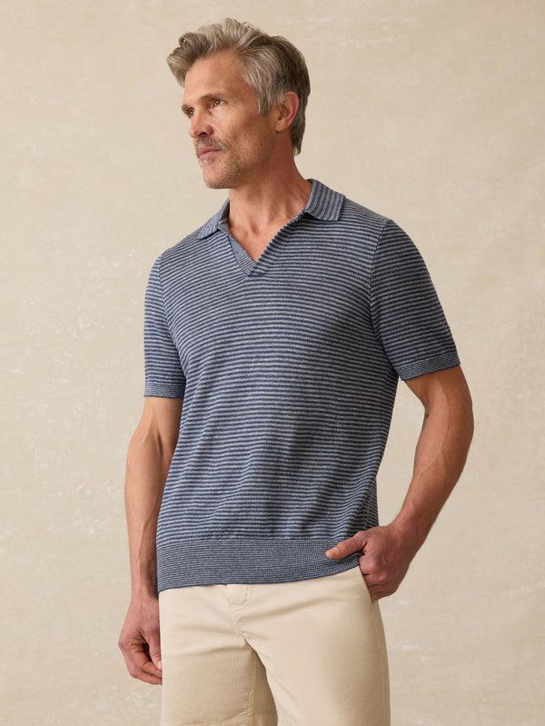 faherty Short-Sleeve Linen Sweater Polo - Cayman Navy Feeder Men's Sweaters