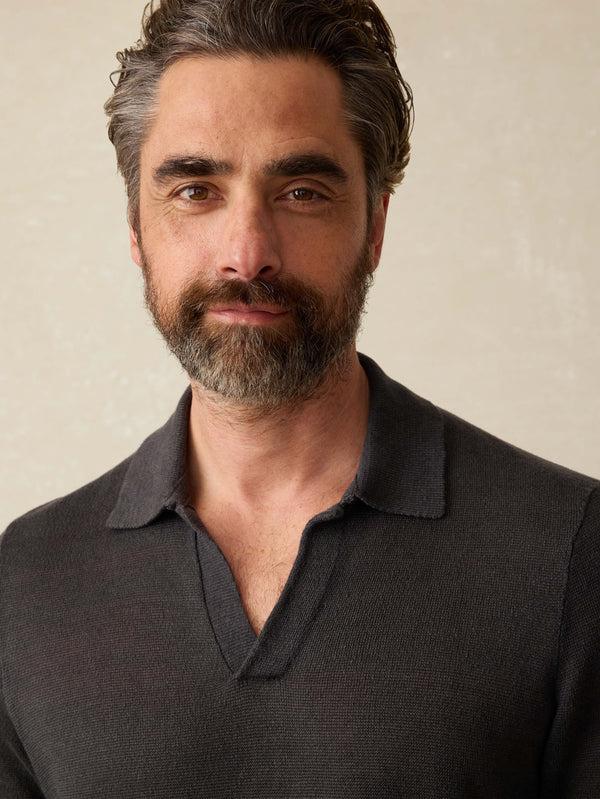 Faherty Short-Sleeve Linen Sweater Polo - Mountain Black Men's Sweaters