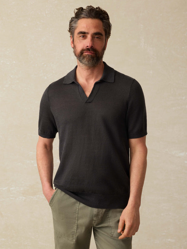 faherty Short-Sleeve Linen Sweater Polo - Mountain Black Men's Sweaters