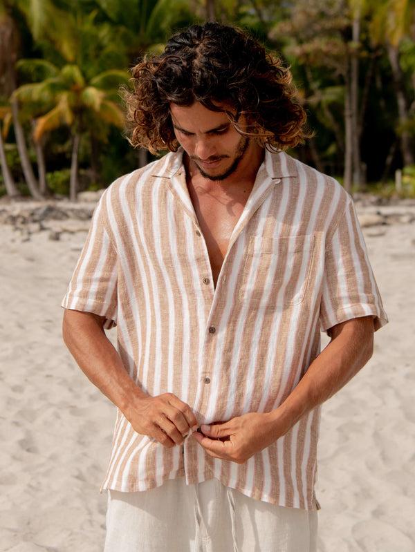 faherty Short-Sleeve Palma Linen Camp Shirt - Sienna Valley Stripe Men's Button Ups