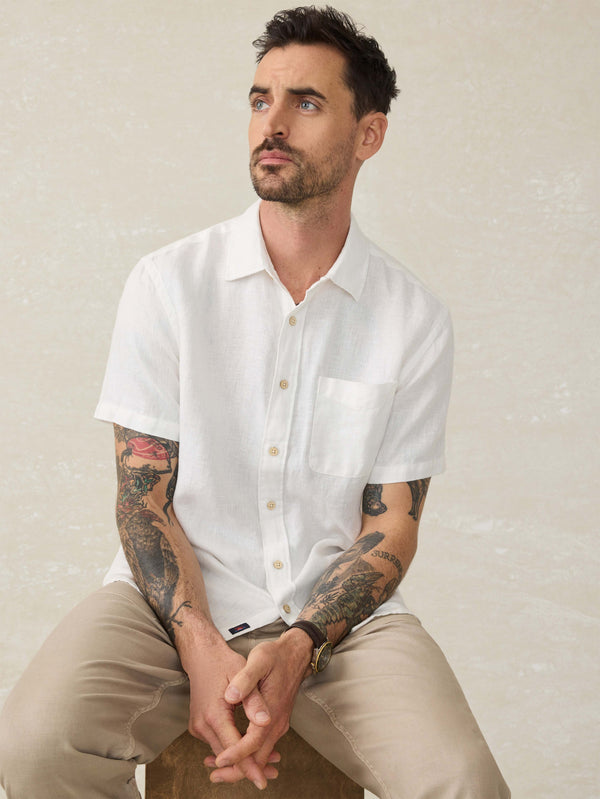 faherty Short-Sleeve Palma Linen Shirt - Bright White Basketweave Men's Button Ups