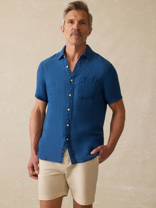 faherty Short-Sleeve Palma Linen Shirt - Indigo Basketweave Men's Button Ups
