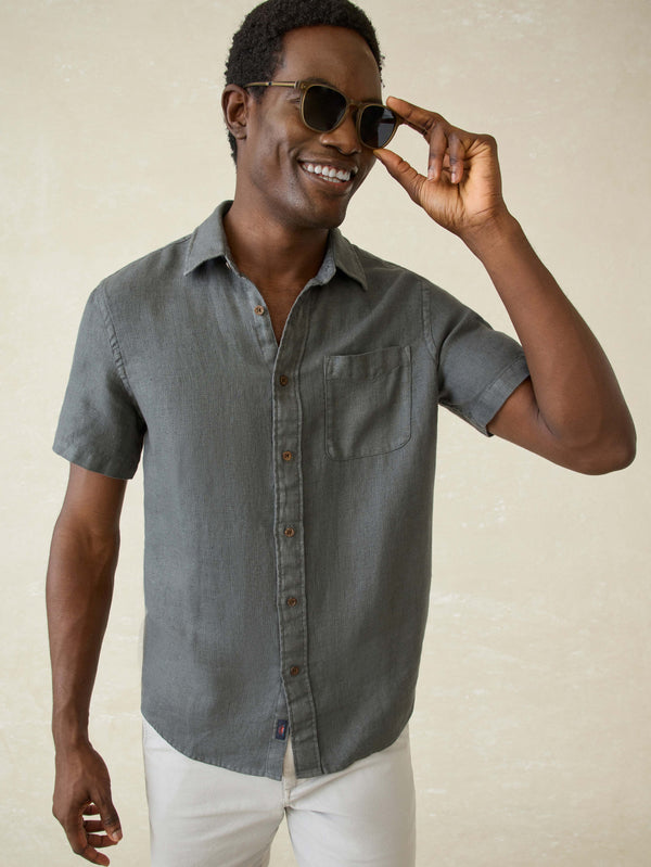 Faherty Short-Sleeve Palma Linen Shirt - Washed Black Basketweave Men's Button Ups