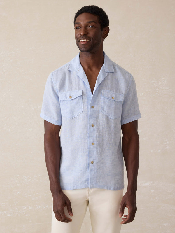 faherty Short Sleeve Reserve Basque Camp Shirt - Light Blue Melange Men's Button Ups