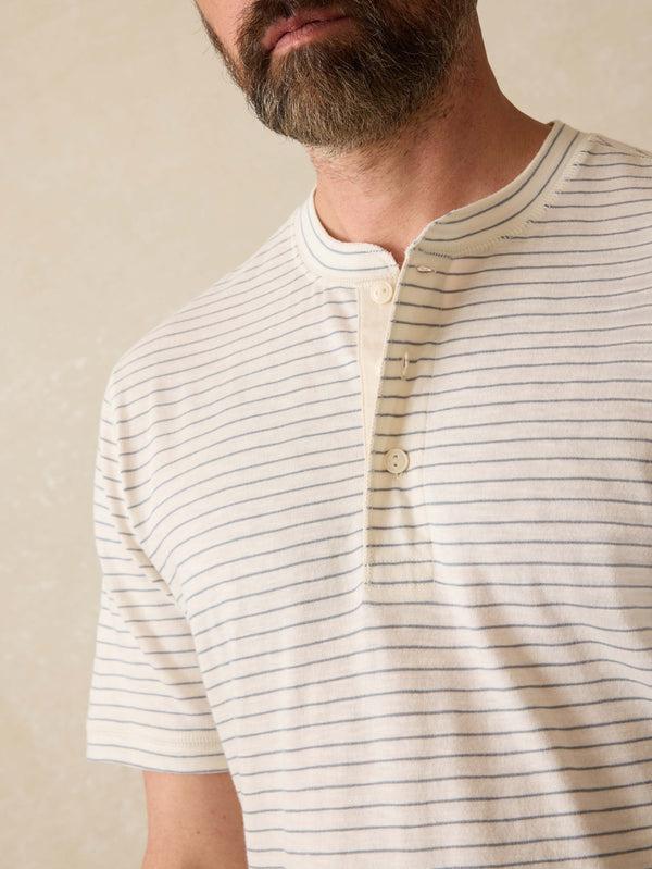Faherty Short-Sleeve Sunwashed Henley - Cream Flint Stripe Men's Knits