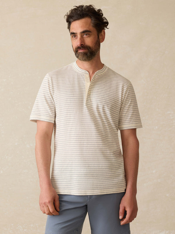 faherty Short-Sleeve Sunwashed Henley - Cream Flint Stripe Men's Knits