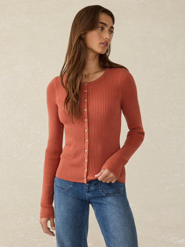 faherty Stretch Cotton Cashmere Rib Cardigan - Red Rock Women's Sweaters