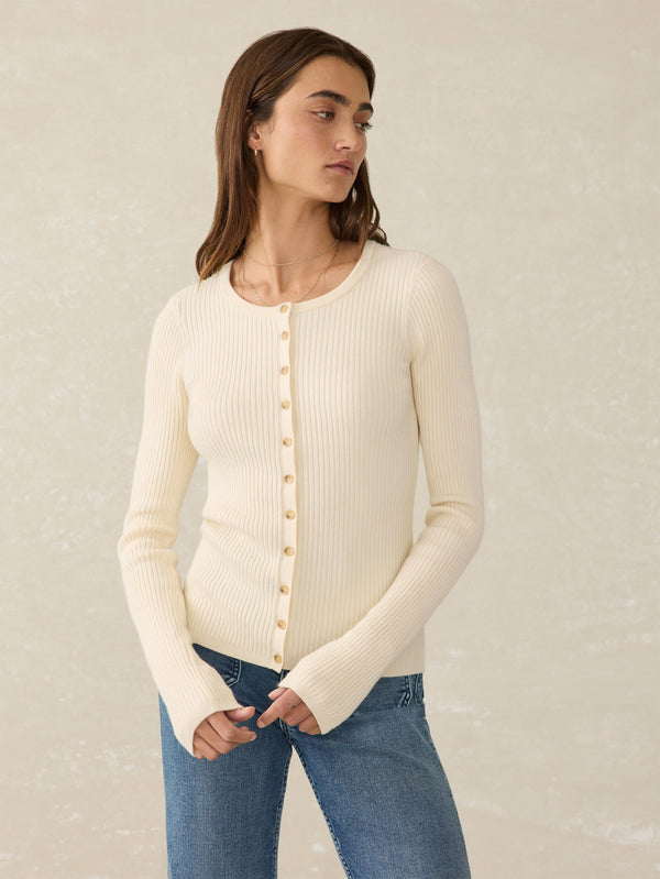 Faherty Stretch Cotton Cashmere Rib Cardigan - Whipped Cream Women's Sweaters