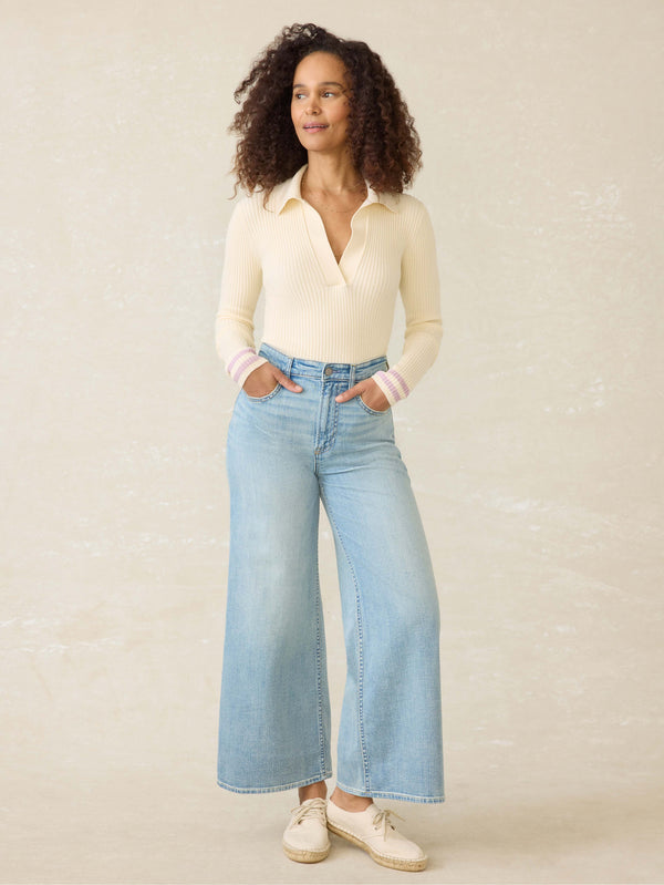 Faherty Stretch Cotton Cashmere Rib Polo - Cream Retro Stripe Women's Sweaters