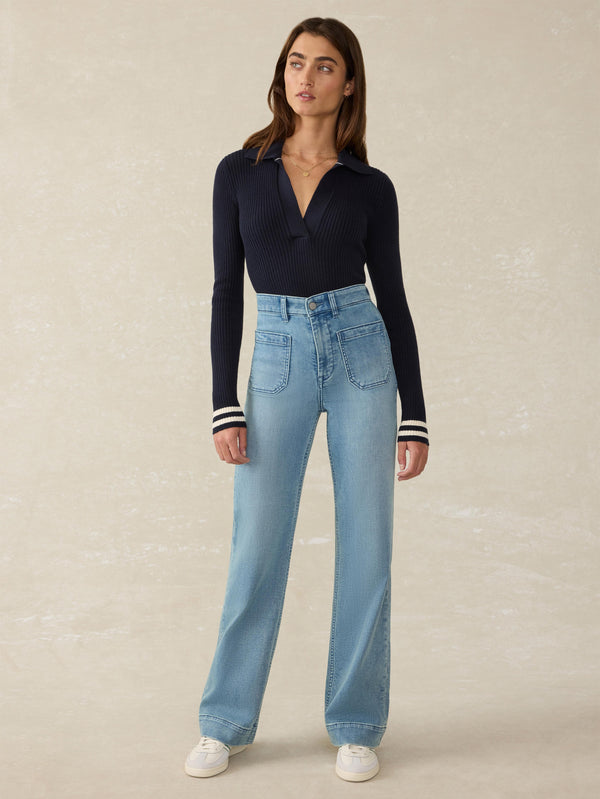 Faherty Stretch Cotton Cashmere Rib Polo - Navy Retro Stripe Women's Sweaters