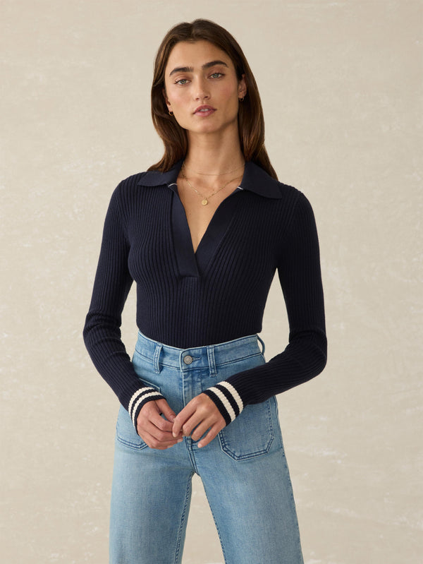 faherty Stretch Cotton Cashmere Rib Polo - Navy Retro Stripe Women's Sweaters