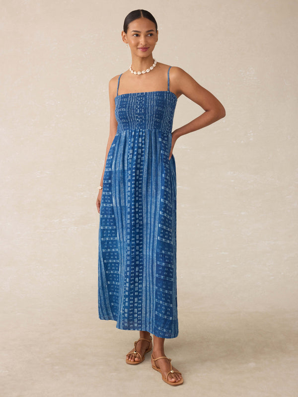 Faherty Sunrise Smocked Dress - Indigo Nadja Blockprint Women's Dresses