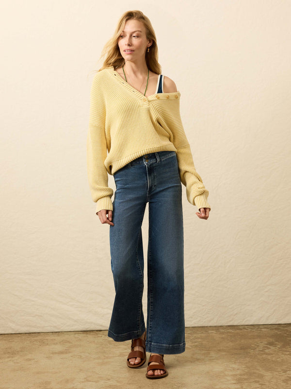 Faherty Sunwashed Cotton Fisherman Henley - Lemon Sorbet Women's Sweaters