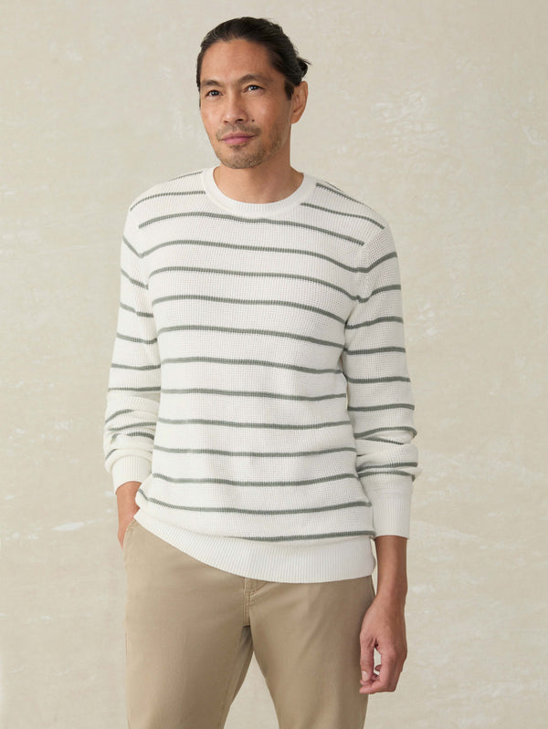 faherty Sunwashed Crewneck Sweater - White Sage Stripe Men's Sweaters