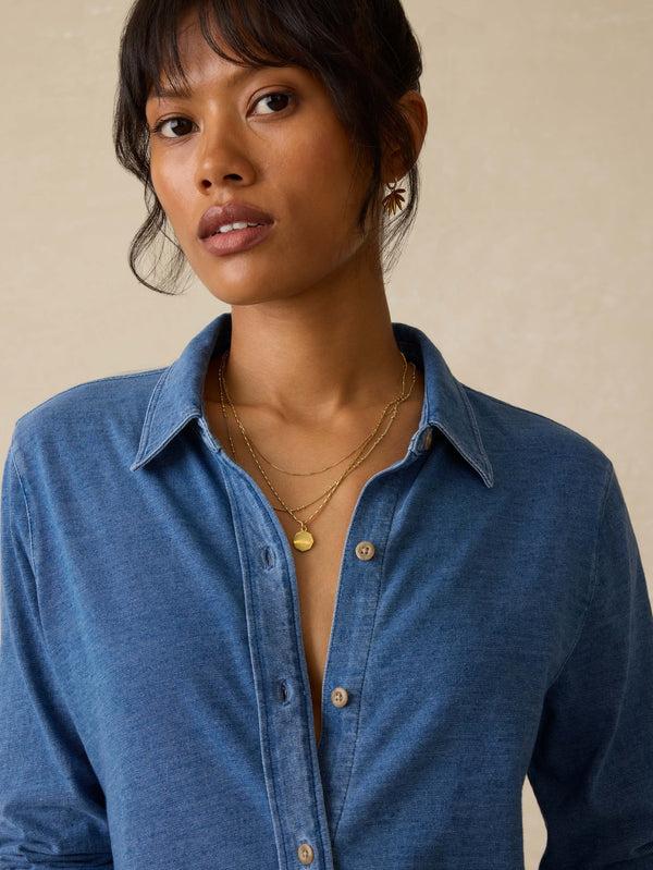 Faherty Sunwashed Knit Shirt - Medium Indigo Wash Women's Button Ups