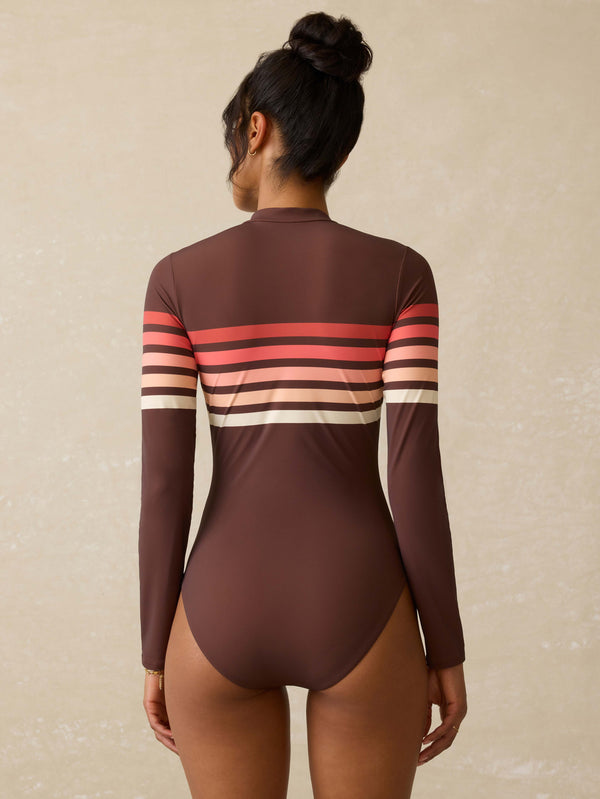 Faherty Surfseeker Rash Guard - Cocoa Sunray Stripe Women's Swim