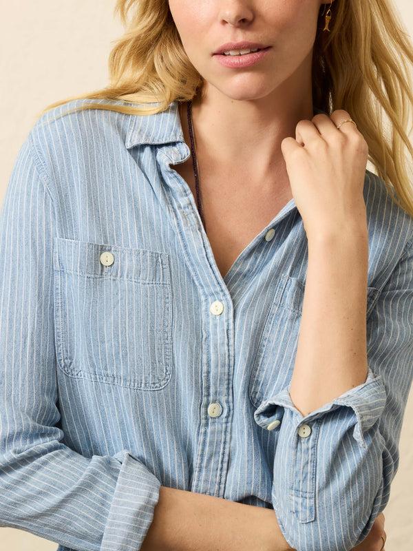 Faherty Tried & True Chambray Shirt - Bluewater Stripe Wash Women's Button Ups