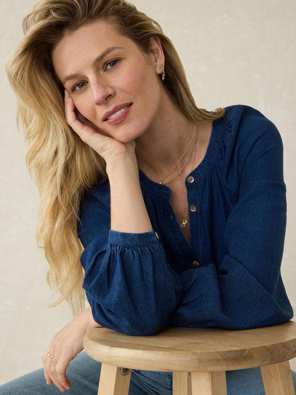 Faherty Tried & True Easton Blouse - Deep Lagoon Wash Women's Tops