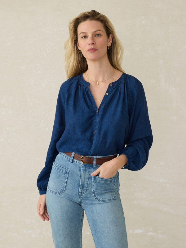 faherty Tried & True Easton Blouse - Deep Lagoon Wash Women's Tops