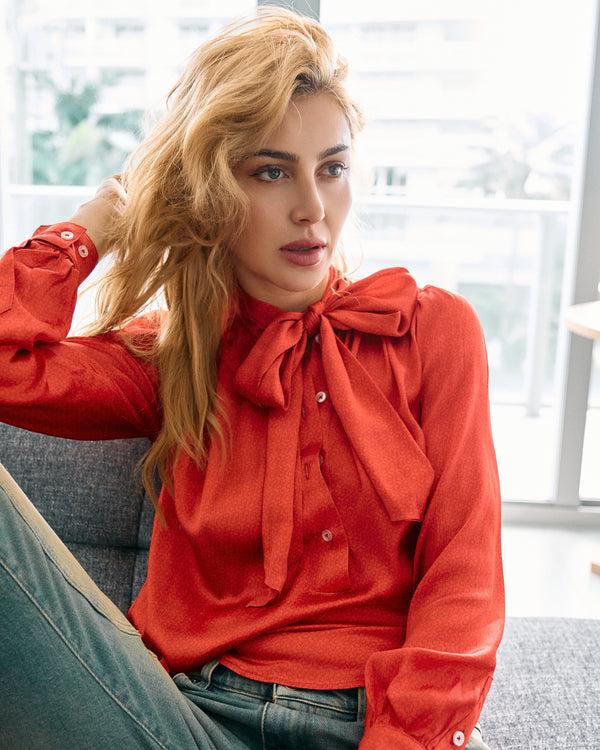 Faith Connexion ALTA MODA MIAMI STRETCH SILK MONOGRAM BLOUSE