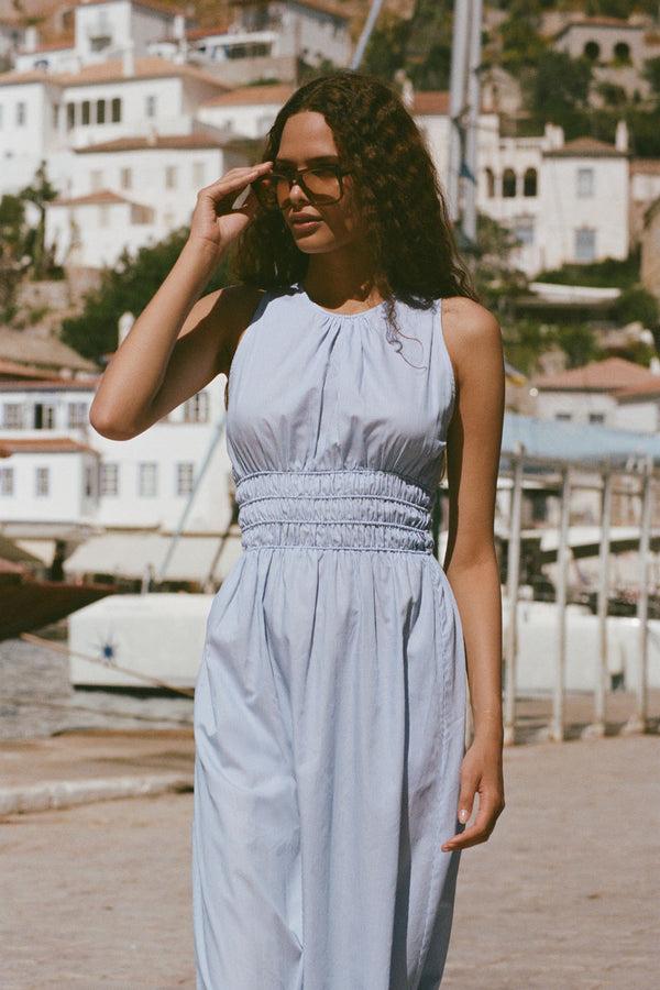 Faithfull The Brand Astra Midi Dress Soft Blue Stripe