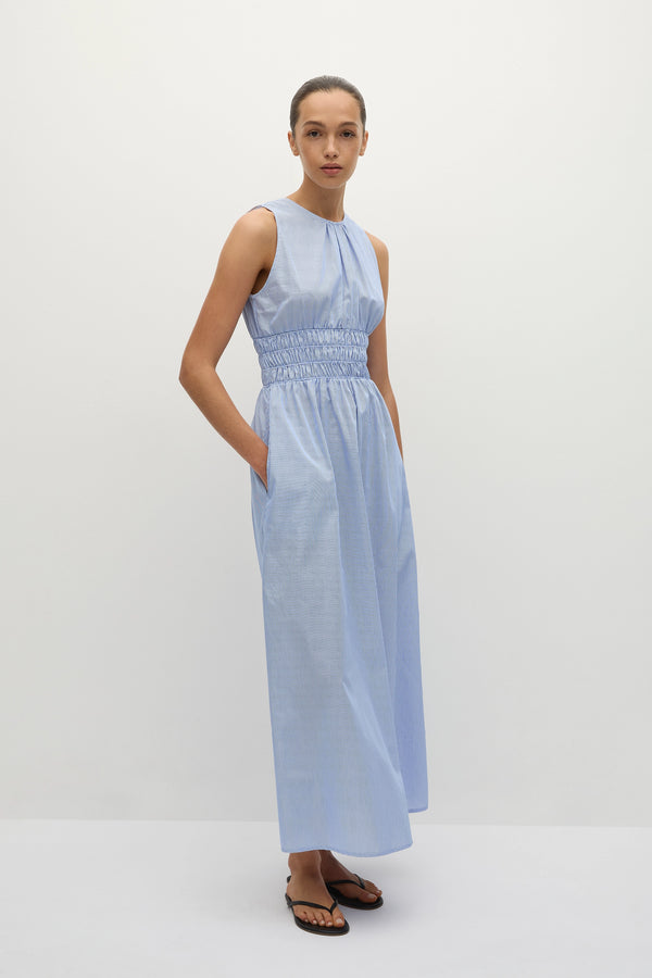 Faithfull The Brand Astra Midi Dress Soft Blue Stripe
