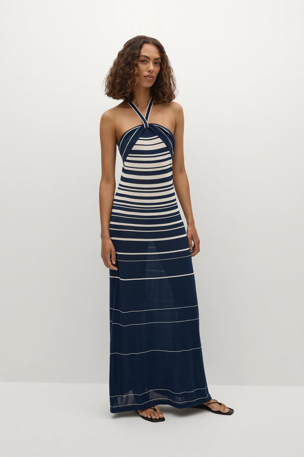 Faithfull The Brand Axel Maxi Dress Accordion Stripe Cream Navy