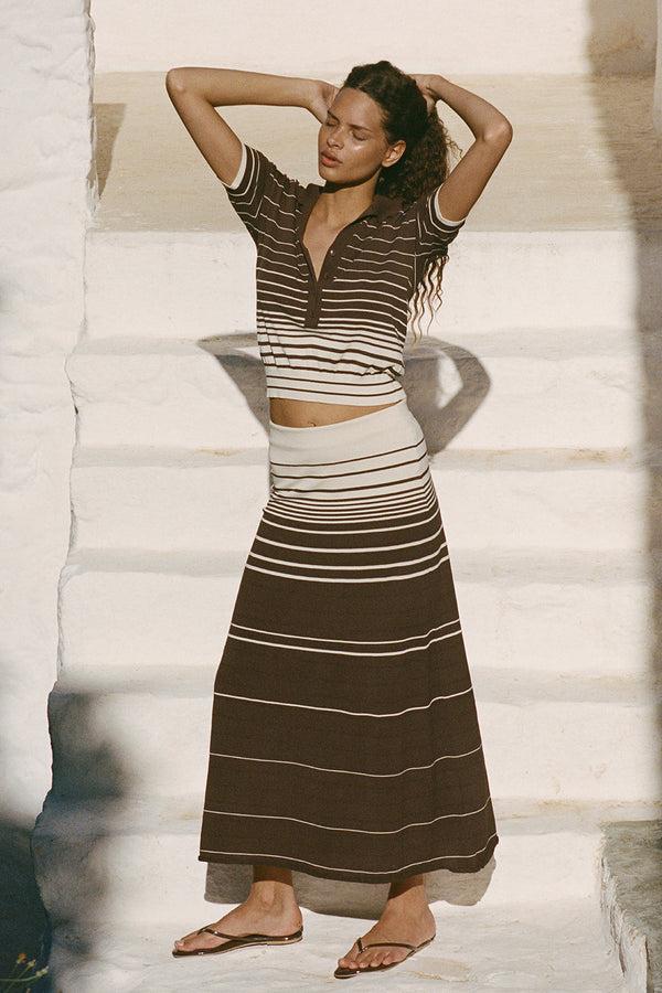 Faithfull The Brand Casia Maxi Skirt Accordion Stripe Brown Beige