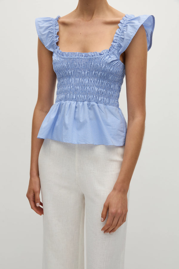 Faithfull The Brand Eudora Top Micro Gingham Soft Blue