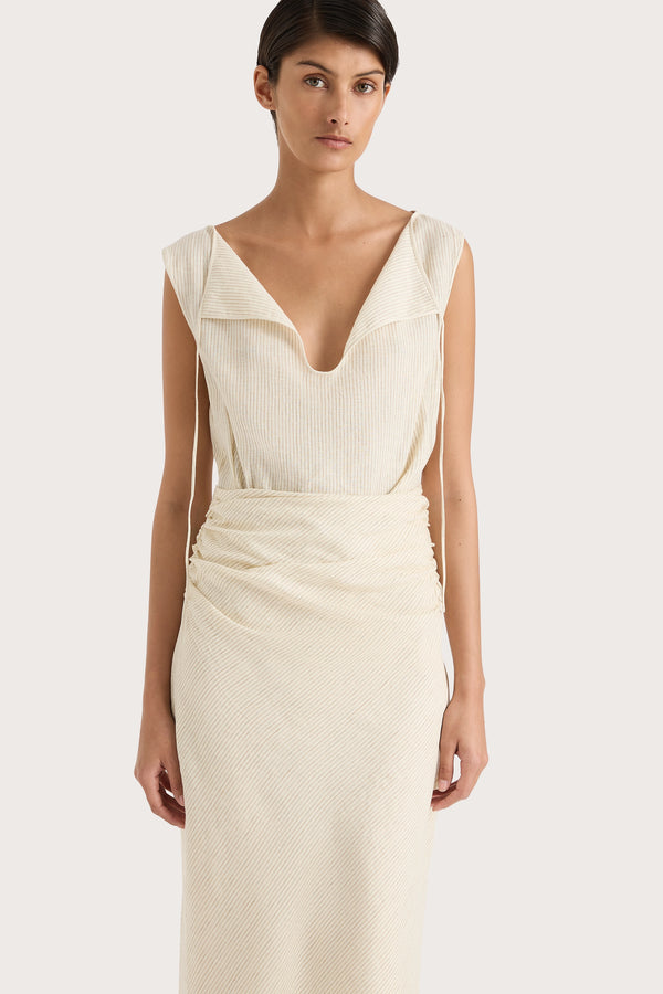 Faithfull The Brand Aveline Dress Beige Pinstripe